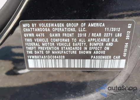 2013 Volkswagen Passat 2.5L Se from USA, damaged, VIN 1VWBH7A31DC064326